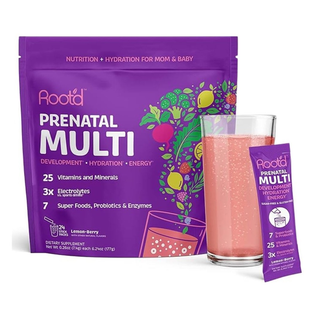 Koreňový prenatálny multivitamínový prášok s 3X elektrolytmi - 25 vitamínov a minerálov, folát, železo, vitamín D3, 7 superpotravín a probiotiká, vitamíny a hydratácia bez obsahu cukru 24 vitamínových nápojov