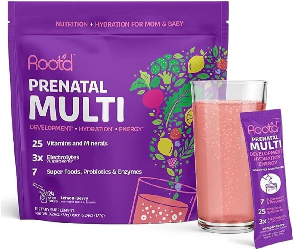 Root'd Prenatal Multivitamin Powder with 3X Electrolytes - 25 Vitamins & Minerals, Folate, Iron, Vitamin D3, 7 Superfoods & Probiotics, Sugar-Free Vitamins & Hydration | 24 Vitamin Drink Mix Packets