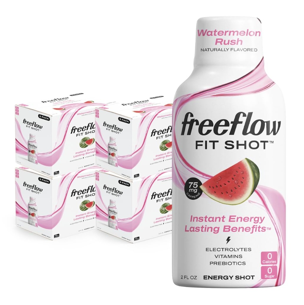 Freeflow Fit Energy Shots, Watermelon Rush, Natural Caffeine Boost s L-teanínom, Ženšen, Vitamíny, Prebiotiká, Elektrolyty (24 počet, 2oz Shots)