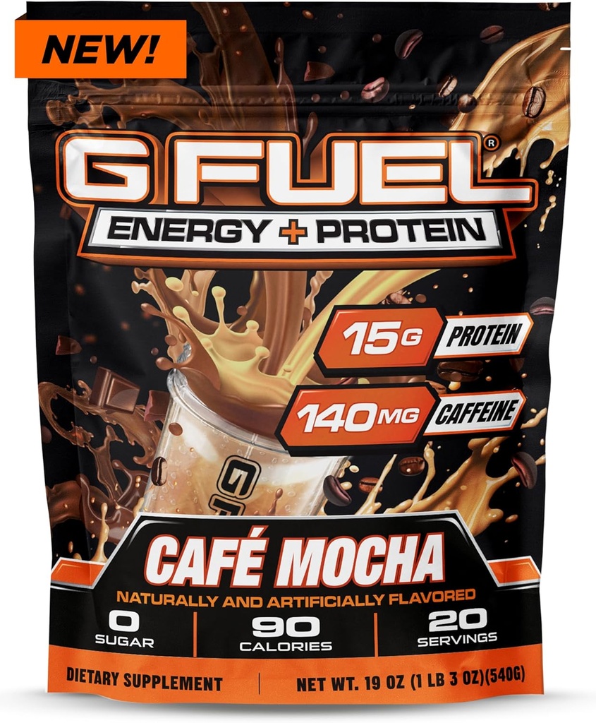 G Fuel Protein + Energy Drink Powder, Pre Cvičenie kofeín Mix pre Gaming, bez cukru Zameranie Amino, Vitamín + Antioxidanty, 19oz (Cafe Mocha, 20 Servings)