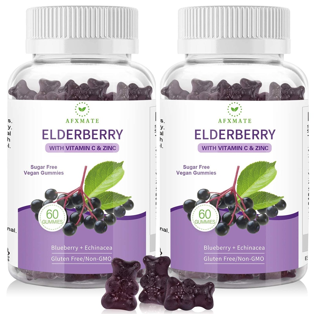 AFXMATE Sambucus Black Elderberry Gummy so zinkom a vitamínom C pre dospelých Deti Imunitná podpora, bez cukru 120 Počet