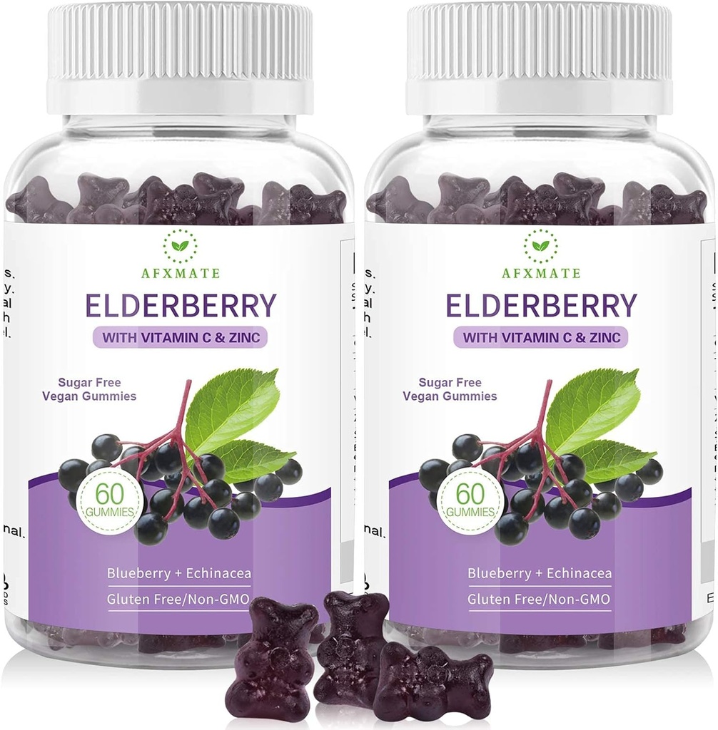 AFXMATE Sambucus Black Elderberry Gummy so zinkom a vitamínom C pre dospelých Deti Imunitná podpora, bez cukru 120 Počet