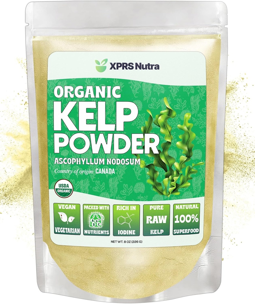 XPRS Nutra Organic Kelp Powder (Ascophyllum Nodosum) - Seaweed Powder Bohatý na jód, imunitné vitamíny a minerály - Food Grade Sea Kelp Supplement Vegan Superfood for Skin Care (8 oz)