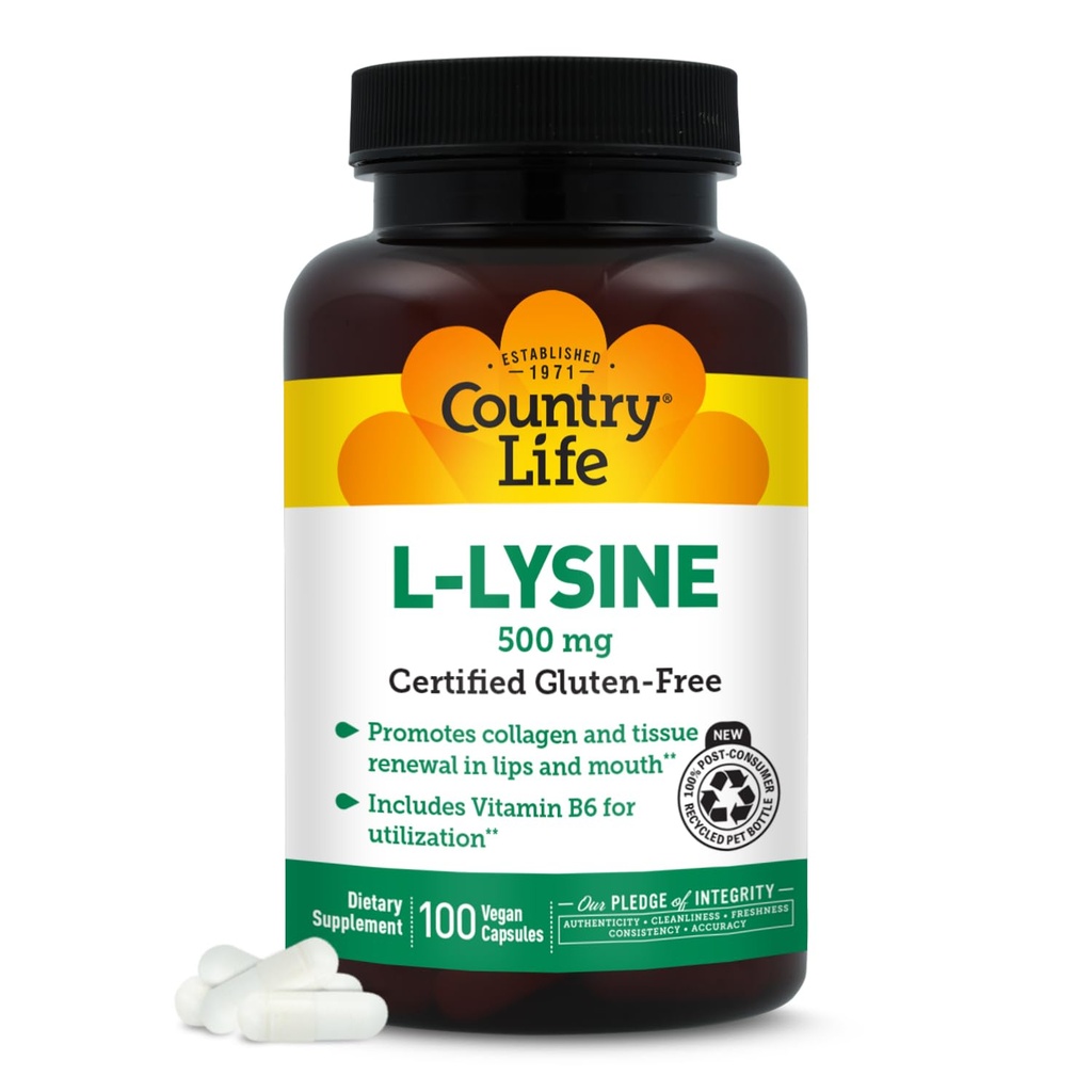 Country Life L-Lysine 500mg s B-6, podporuje imunitné zdravie, podporuje kolagén obnovu v Lips a Mouth, 100 Vegan Kapsule, Certified Gluten Free, Certified Vegan