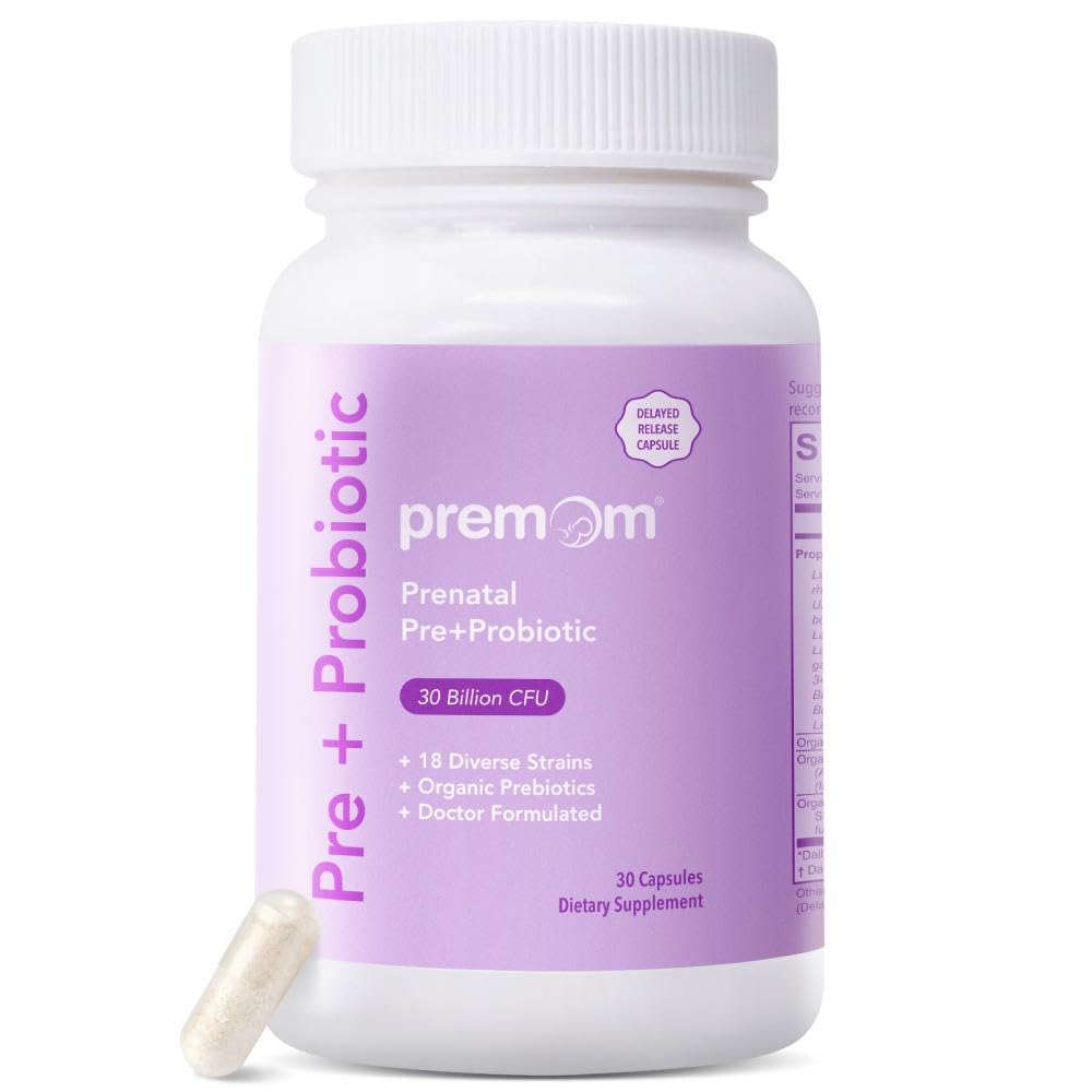 Premom Prenatálne Pre & Probiotiká pre ženy: 18 Diverse Organic Prebiotics Kmene - Podpora Tráviace, 30 miliárd CFU, Gut & Immune Health pre mamičku a dieťa - Denné kapsule