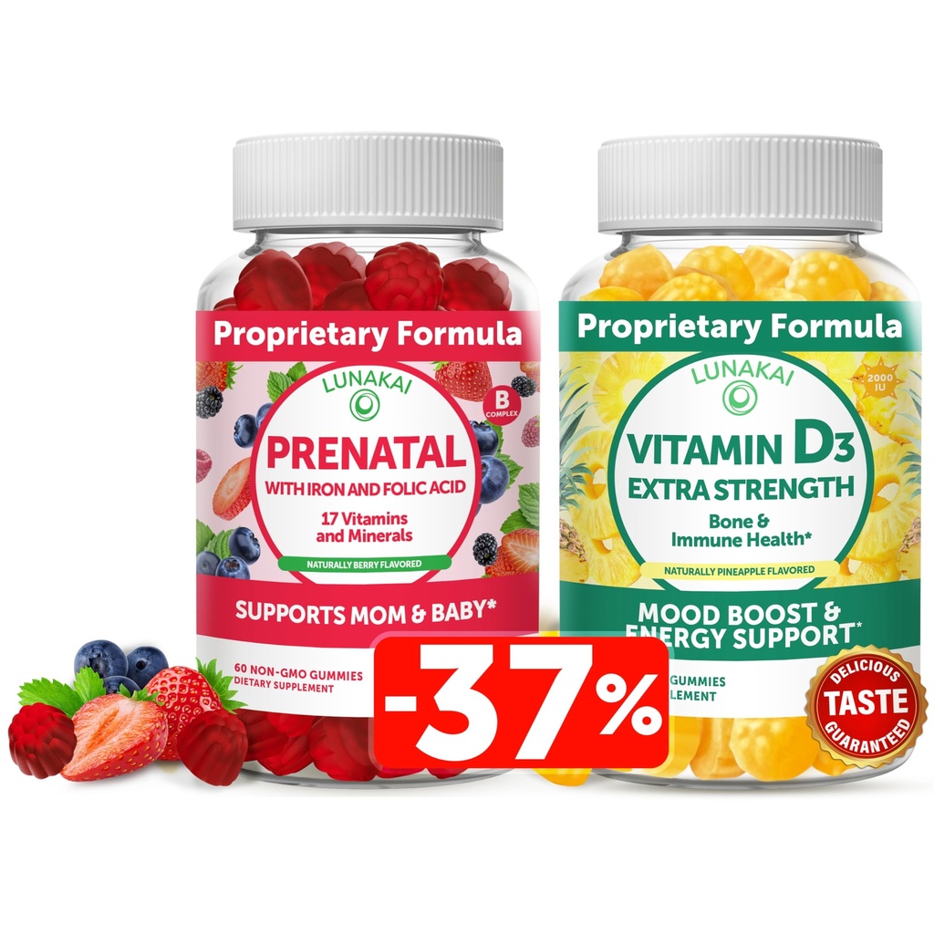 Lunakai prenatálne a vitamín D3 Gumičky Bundle - Tehotenstvo Multivitamín Gummy so železom a kyselinou listovou - Imunita, kosti a nálada podpora doplnok pre dospelých