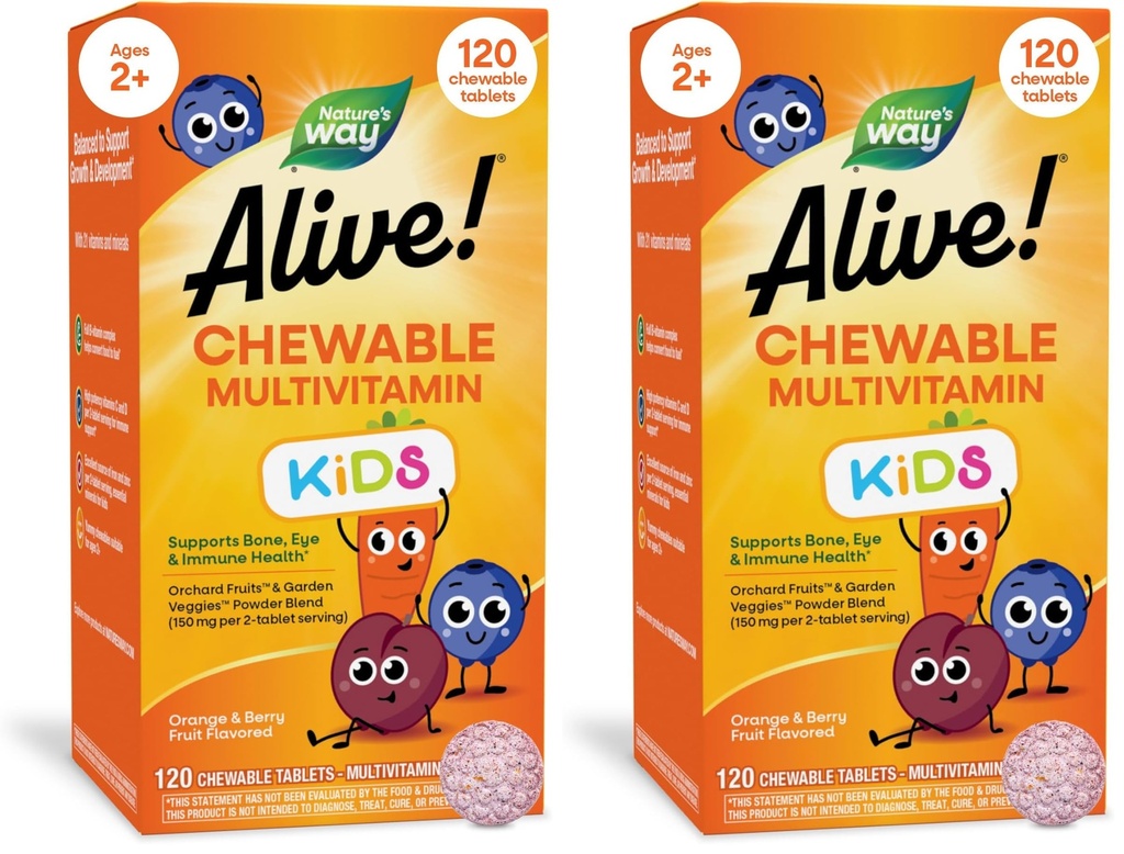 Príroda žije! Denné detské žuvacie multivitamíny, podporuje kosť, oko a imunitné zdravie*, Orange & Berry Fruit Ochutené, bez lepidla, 120 žuvacích tabliet (Backaging May Vary) (Back of 2)