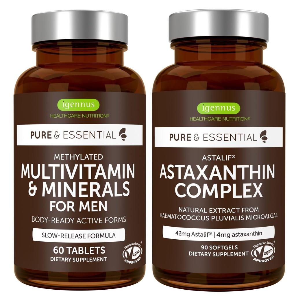 Multivitamínové a minerálne látky pre mužov + komplex astaxantínu Vegan, trvalé uvoľňovanie Advanced Multivitamín + 4 mg H. Pluvialis Natural Astaxantin, podľa Igennus