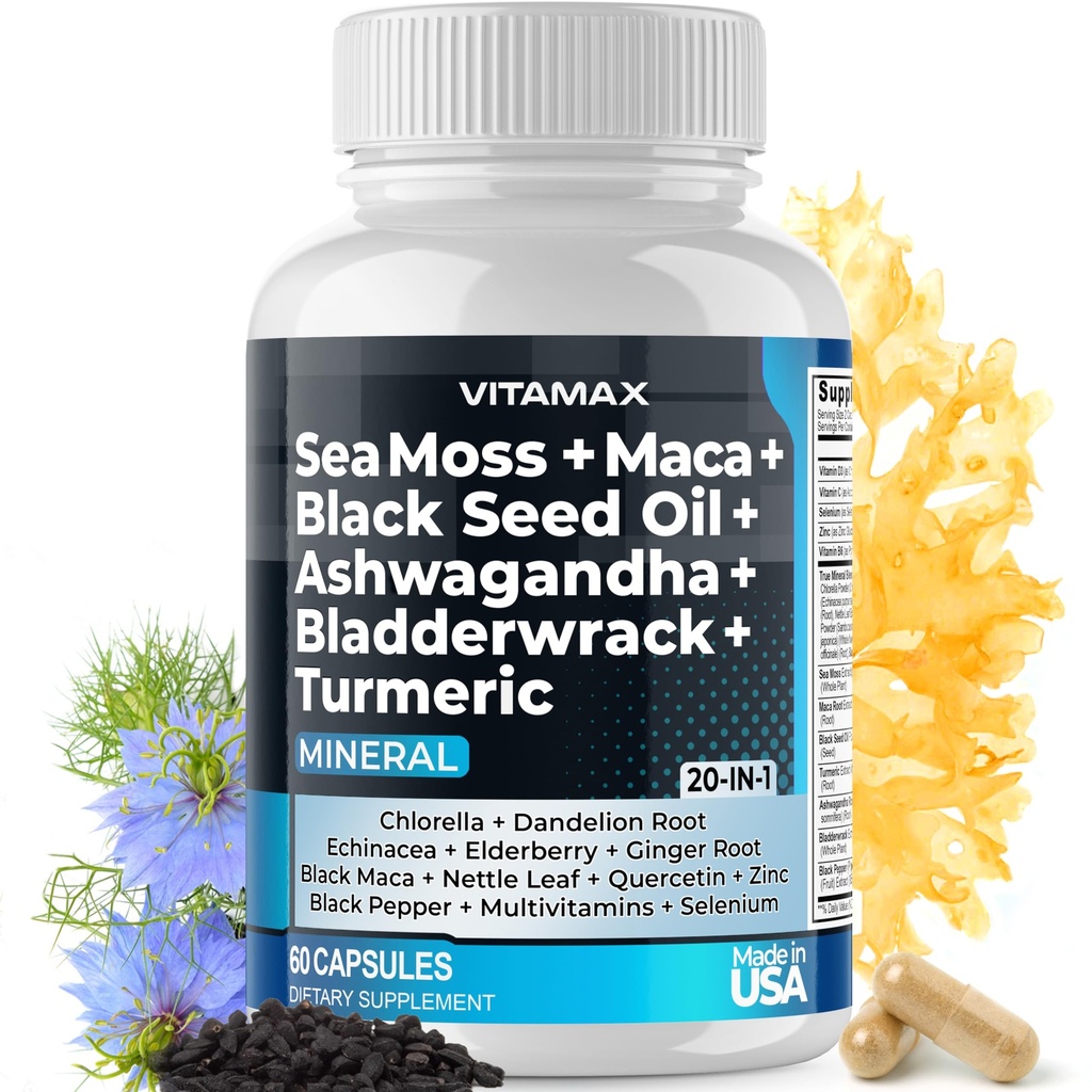 Morská mach Maca Black Seed Oil Ashwagandha Bladderwrack Turmerica - Manuka med, bazy, vitamín C & D3, púpava a čierne korenie - Non-GMO - Vegan - Made in USA - 60ct