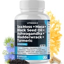 Morská mach Maca Black Seed Oil Ashwagandha Bladderwrack Turmerica - Manuka med, bazy, vitamín C & D3, púpava a čierne korenie - Non-GMO - Vegan - Made in USA - 60ct