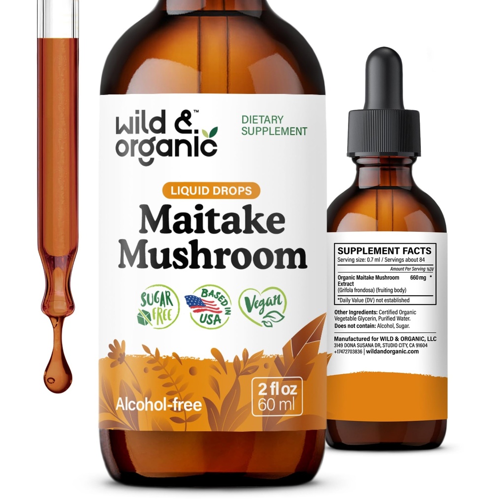 Wild & Organic Maitake Mušroom Drops - Liquid Mushroom Supplement for Immune Support - Maitake Extract Tincture - Vegan, Cukor a alkohol - 2 fl oz