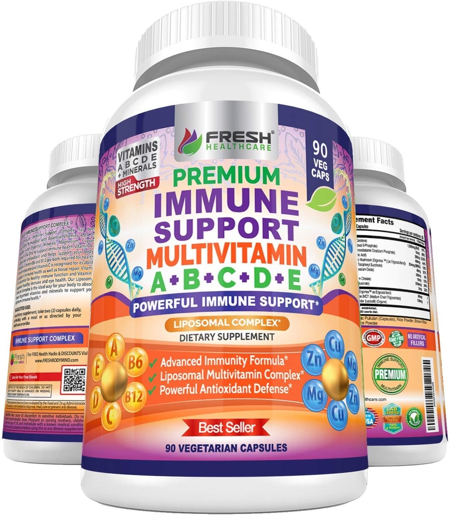 Imunitná podpora Multivitamín pre mužov a ženy s vitamínmi A, B, C, D, E, B6, B12 - Zinok, horčík a meď s Lipozomálnym komplexom pre zvýšenú absorpciu - Denné Antioxidant Boost - 90 Vegan Caps