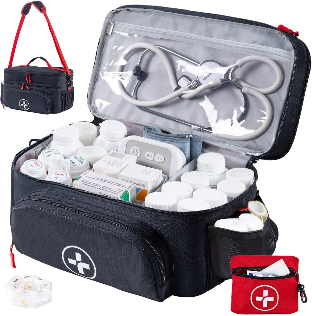 BAGSFY Travel Medicine Usporiadateľ tašky s Mini Mediciation Bag, Double Layers First Aid Kit Prázdne, Uzamykateľné pilulky Fľaša Organizátor pre domácnosť, Veľká medikačná úložisko, Cestovanie Emergency Carry Case.