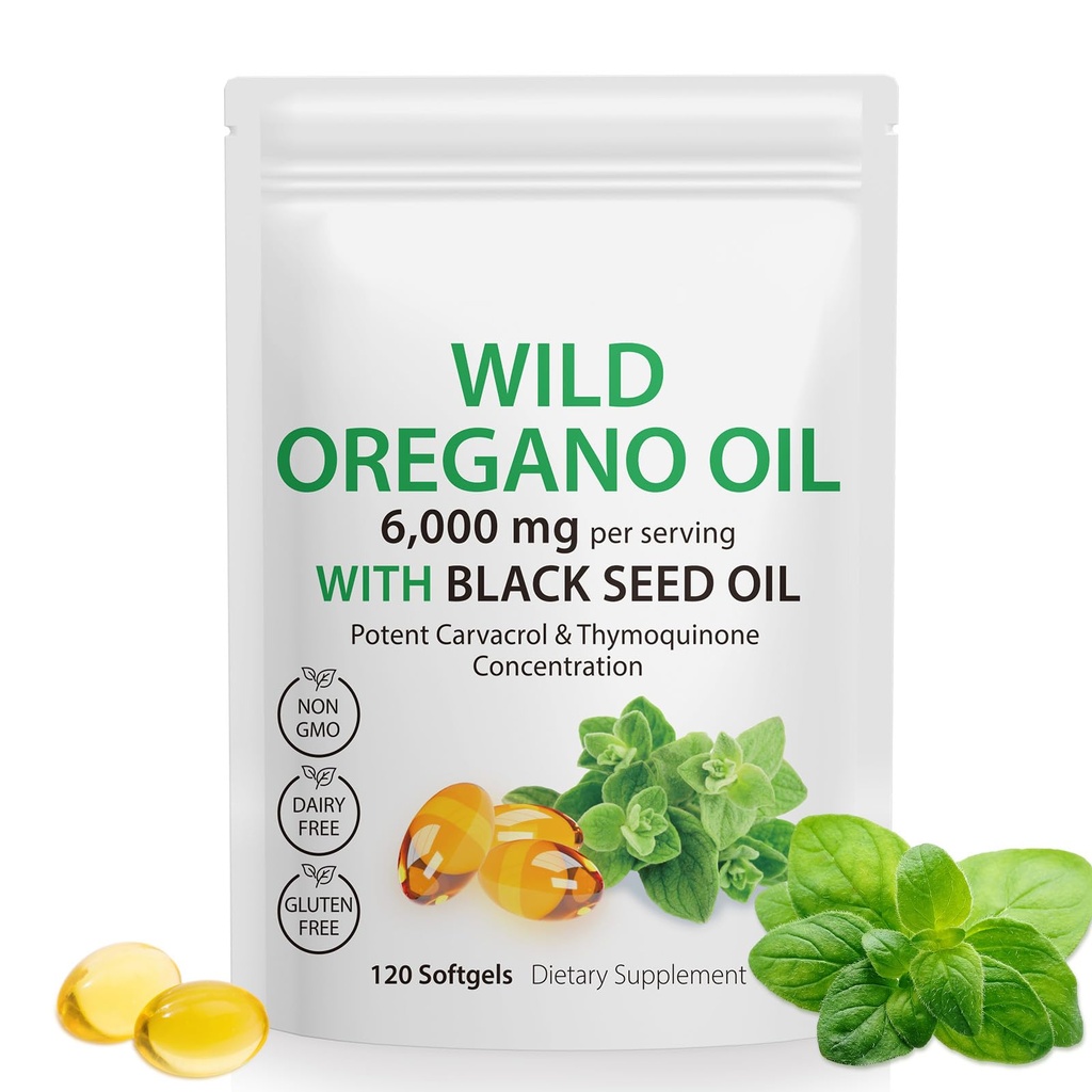 Olej Oregano Softgels - Wild Oregano Oil 6,000mg s čiernym semenným olejom 200mg Kapsule, 120 Počet, Potent Carvatrol & Thymochinón, Non-GMO, Mliečne bez, Gluten Free