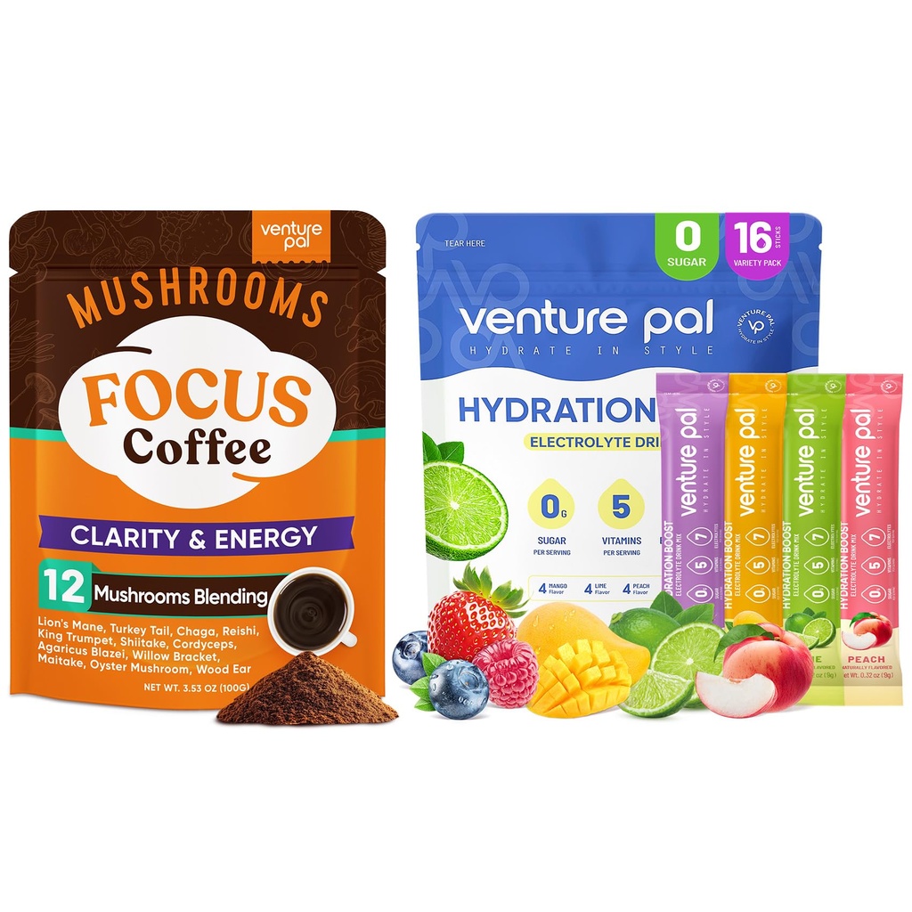 Venture Pal Mushrom Coffee & Electrolyte Powder Bundle: 12 in 1 Coffee with Ashwagandha for Focus & Imunity + Cukor-free Electrolyte Pakets with 5 Vitamíny & 7 Electrolytes - 40 Služobné & 16 Stick