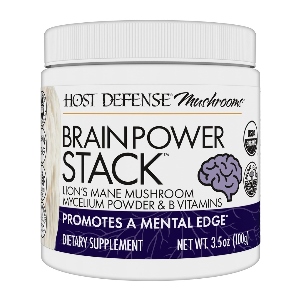 Host Defense BrainPower Stack Powder - cielený doplnok podpory mozgu - Powder Mushroom Supplement with Lion's Mane, Niacin (B3) & Vitamín B12 - Bylinná podpora mozgu - 100g (66 Servings)