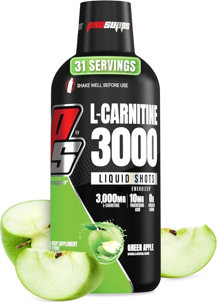 PROSUPPS L-Carnitine Liquid 3000, Stimulant-Free Liquid Shots for Men & Women - Clean Workout Drink for Energy, Performance & Muscle Recovery - No Sugar, No Carbs - 31 Servings, Green Apple