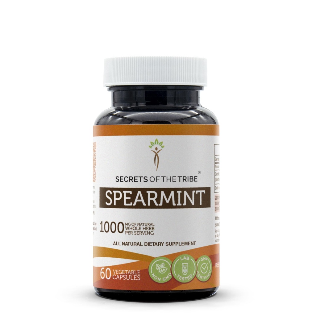 Secrets of the Tribe Spearmint Capsules 1000 mg Spearmint (Mentha spicata) Dried Leaf, Women's Hormone Support Supplement (60 Capsules)