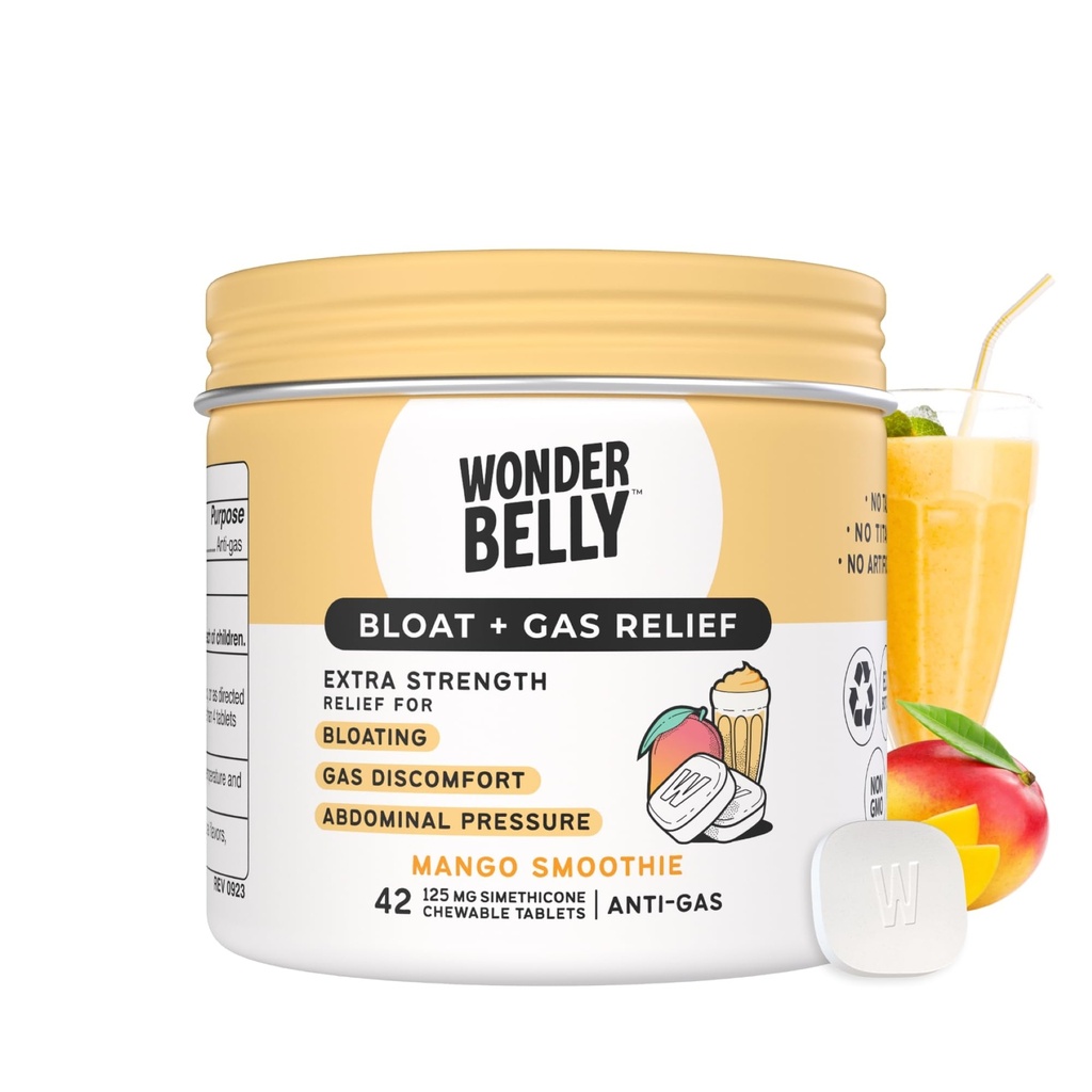 Wonderbelly Bloat + Gas Relief, Extra sila Žuvacie tablety, s 125 mg Simeticone, No Talc alebo Dye, Mango Smoothie, 42 Počet