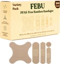 FEBU Eco-Friendly Bamboo Fabric Bandages | PFAS Free Bandages for Scrapes & Cuts | Flexible Fabric Bandage | Fully Compostable, Latex Free Bandage | 200 Count Bulk Variety