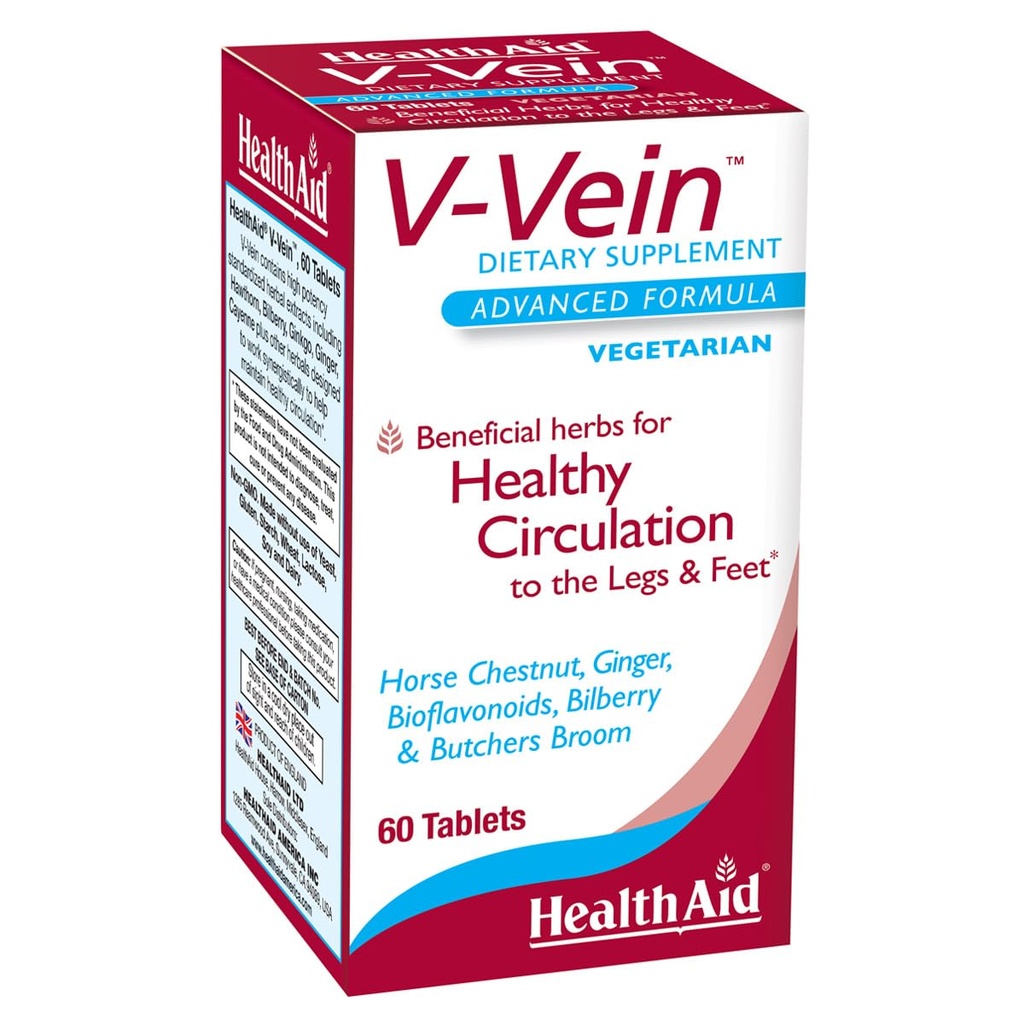 ZdravieAid V-Vein, Beneficial Nutrients for Healthy Circulation for Legs and feet, 60ct, Once Daily, Obsahuje Ginkgo, Hroznové semeno, Vitamín C a čučoriedky, Vegan