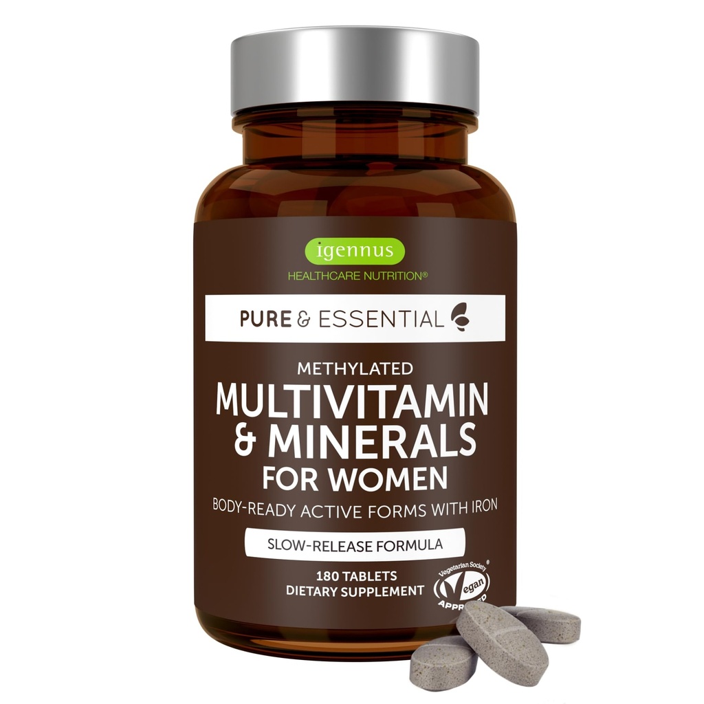 Igennus High Potency Metylated Multivitamín pre ženy, Pure & Clean Ingredients, MTHFR Supplement with Active B- Vitamins, Vitamin K2 MK7, Gentle Iron, Trvalo uvoľňované, non-GMO & Halal, 180 tabliet
