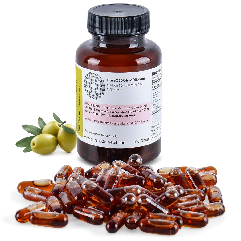 PureC60OliveOil C60 Organic Olive Oil Capsules Pills 100ml / 3,4 Fl Oz - 99,99% Carbon 60 Solvent Free 80mg - Food Grade - Carbon 60 Olive Oil - From the leading Global Producer
