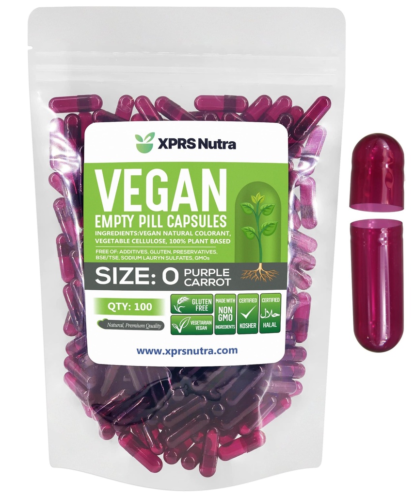 XPRS Nutra Veľkosť 0 Prázdne Kapsule - 100 Počet prázdnych vegánskych kapsúl - Vegetariánske pilulky - DIY Rastlinné kapsule Plnenie - Veggie pilulky pre Do- It- Yourself Supplements (Purple Carrot)