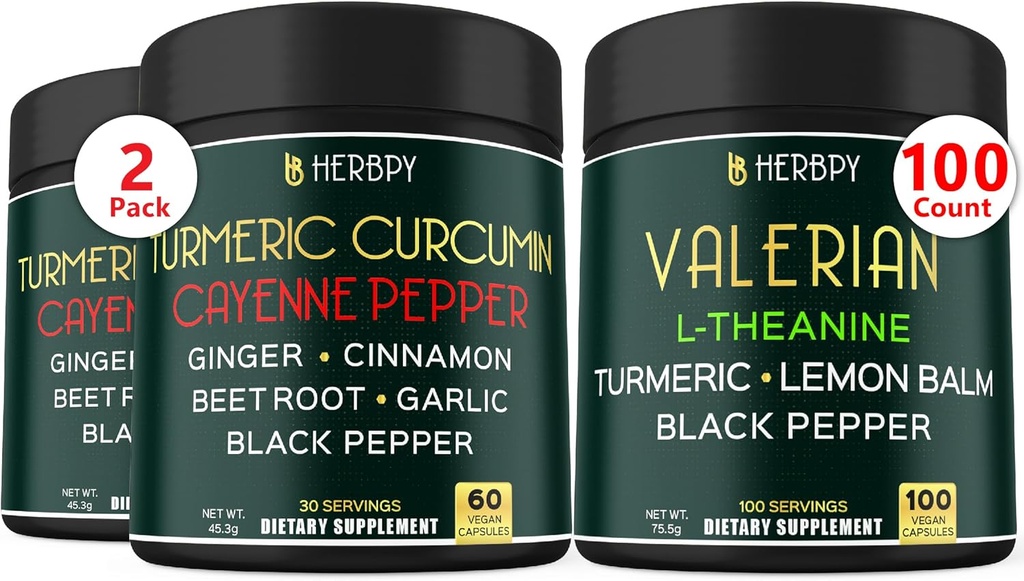 Bundle 7in1 Turmeric Curcumin & 5in1 Valerián Root Supplement - Podpora Trávenie, zdravie srdca, Immune and Relaxation