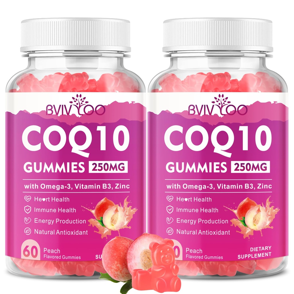 2 balenie CoQ10 Gummies 250mg, Plus Omega-3, vitamín B3 a zinok, horčík - vysoká absorpcia Koenzým Q10 doplnky pre zdravie srdca, bunková energia, & Antioxidant podpora, 120 Počet