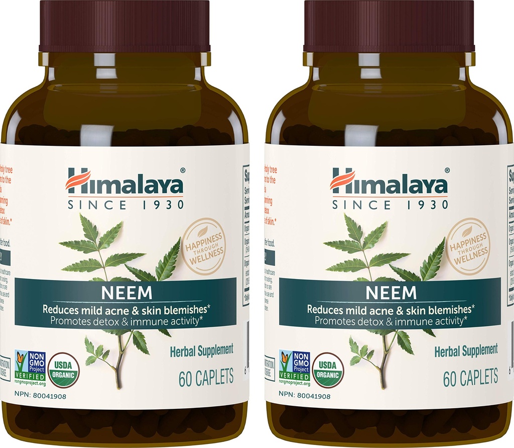 Himalája Organic Neem Herbal Supplement, for Mild Akne & Clear Skin, Purification, Ayurvedic, USDA Certified Organic, Non-GMO, Vegan, 600 mg, 60 Plant Based Caplets, 2 balenie