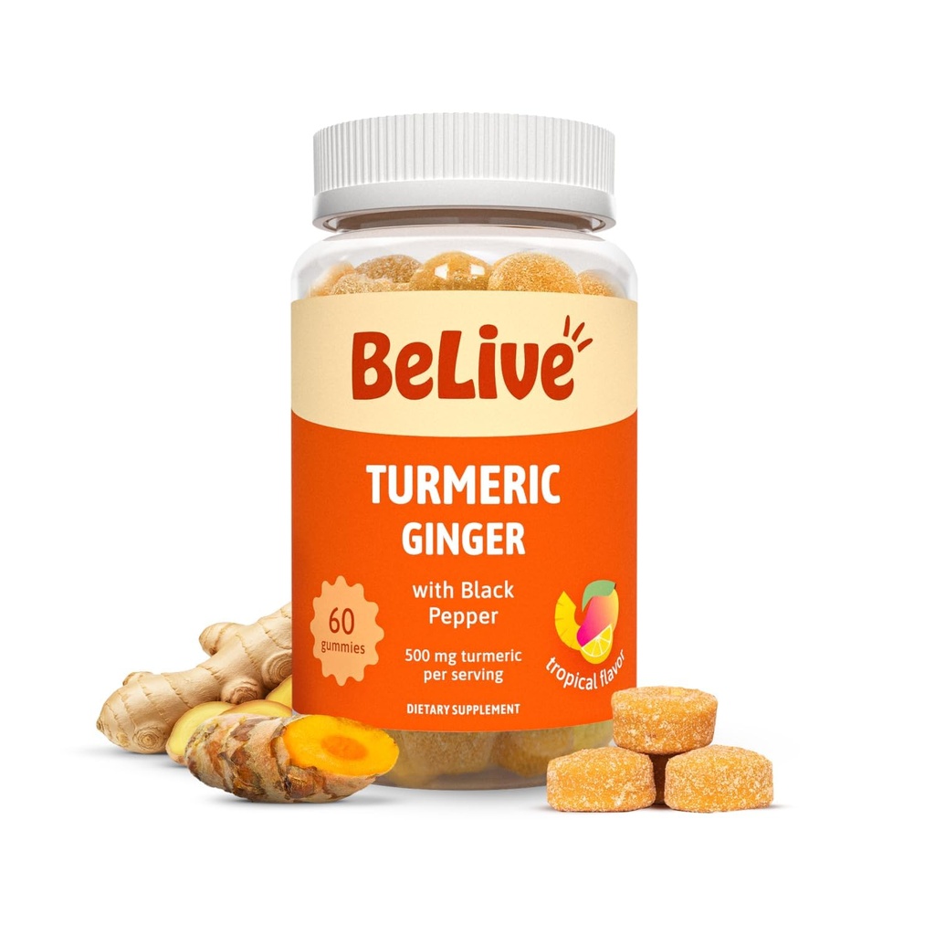 BeLive Turmeric Curcumin s čiernym korením a zázvorom - 500 mg Turmeric and Ginger Supplement for Immune Support, Healthy Skin, and Mobility - Tropical Flavor 60