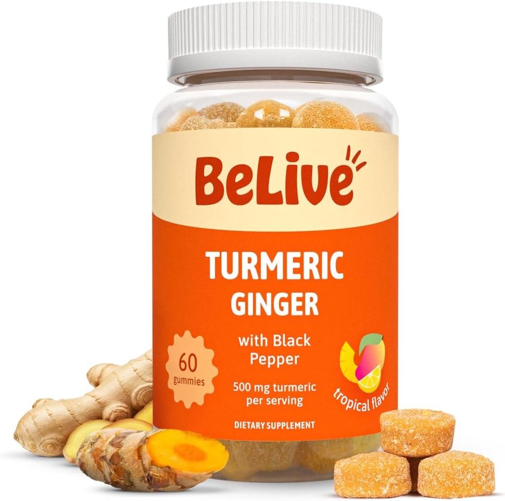 BeLive Turmeric Curcumin s čiernym korením a zázvorom - 500 mg Turmeric and Ginger Supplement for Immune Support, Healthy Skin, and Mobility - Tropical Flavor 60