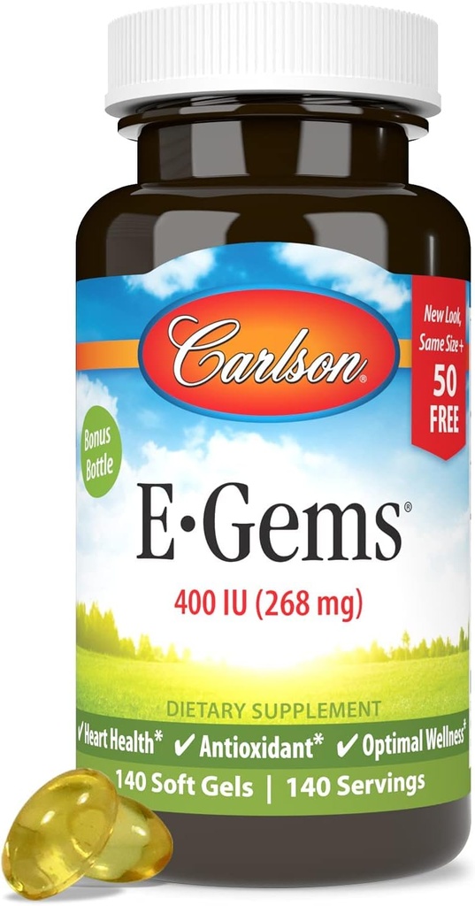 Carlson - E-Gems 400 IU (268 mg), prírodný zdroj vitamín E, optimálna wellness, 140 mäkkých gélov