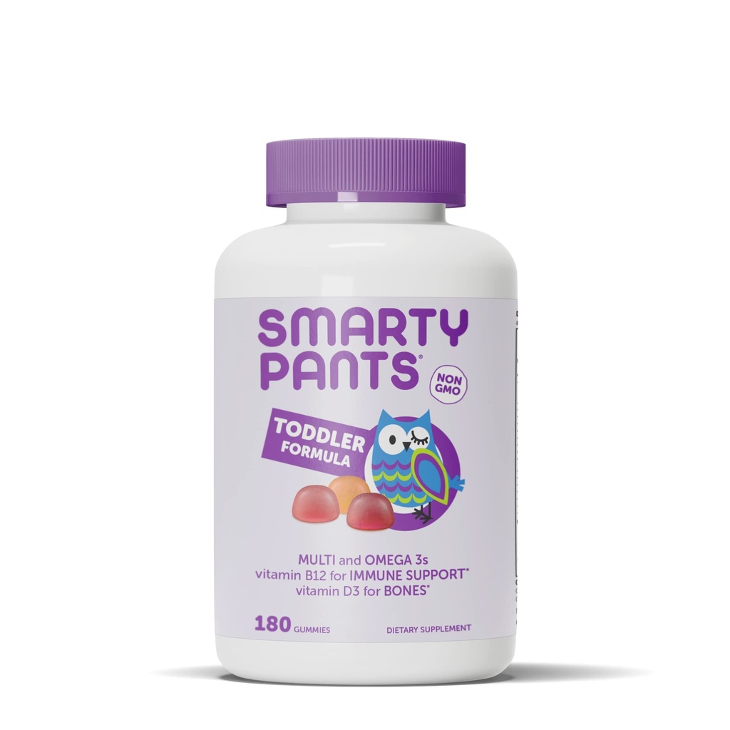 SmartyPants Batoľa Multivitamínové Gummy: Omega 3 Rybí olej (EPA/DHA), Vitamín D3, C, vitamín B12, B6, A, K & Zinok, Biotín, Beta karotén, bezlepok, Tri ovocné príchute, 180 Počet (60 dní)