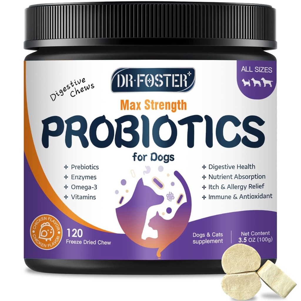 Probiotiká pre psy, pes s mrazením probiotiká a tráviace enzýmy, Plus Omega-3 pre svrbivú pokožku, 3-v-1 prebiotiká pre tráviace zdravie, psie vitamíny a doplnky pre imunitné zdravie, 120 bitov