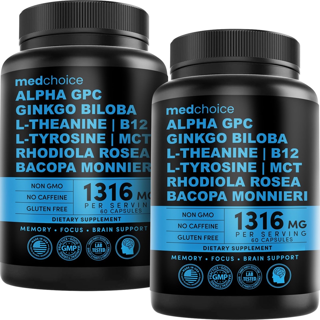 12-in-1 Nootropic Brain Supplement Anhydrus: Ginkgo Biloba pre podporu mozgu, pamäť a zameranie - B12, Alpha GPC, L Theanine a Choline Doplnky s Bioperine Non Caffeinated 1321mg (120ct)