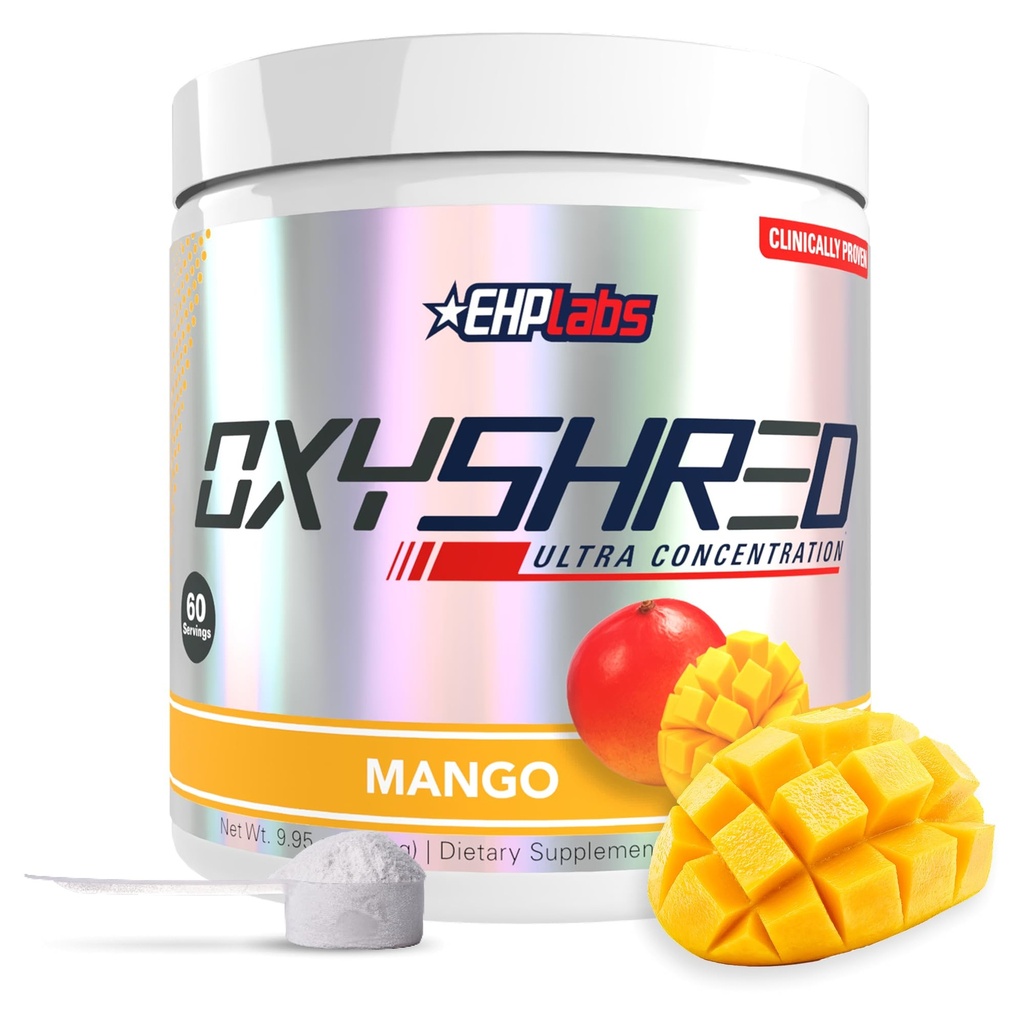 EHP Labs OxyShred Predcvičený prášok - Powder preworkout s L glutamínom a acetylom L karnitín, Energy Boost Drink - Mango, 60 Servíruje