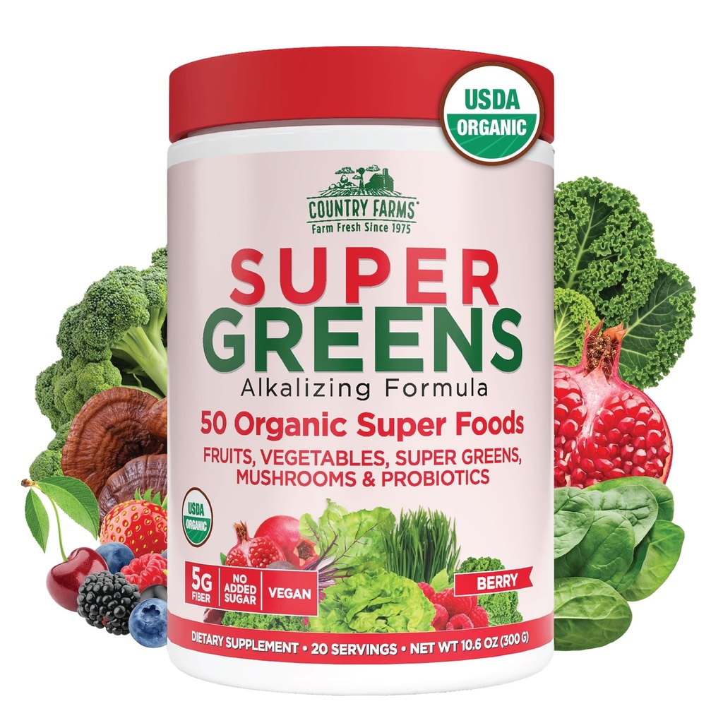 Country Farmy Organic Super Greens Berry Flavor, 50 Organic Super Foods, balené s vláknami, USDA Organic Drink Mix, ovocie, Zelenina, Huby a probiotiká, Podpora energie, 5g Fiber