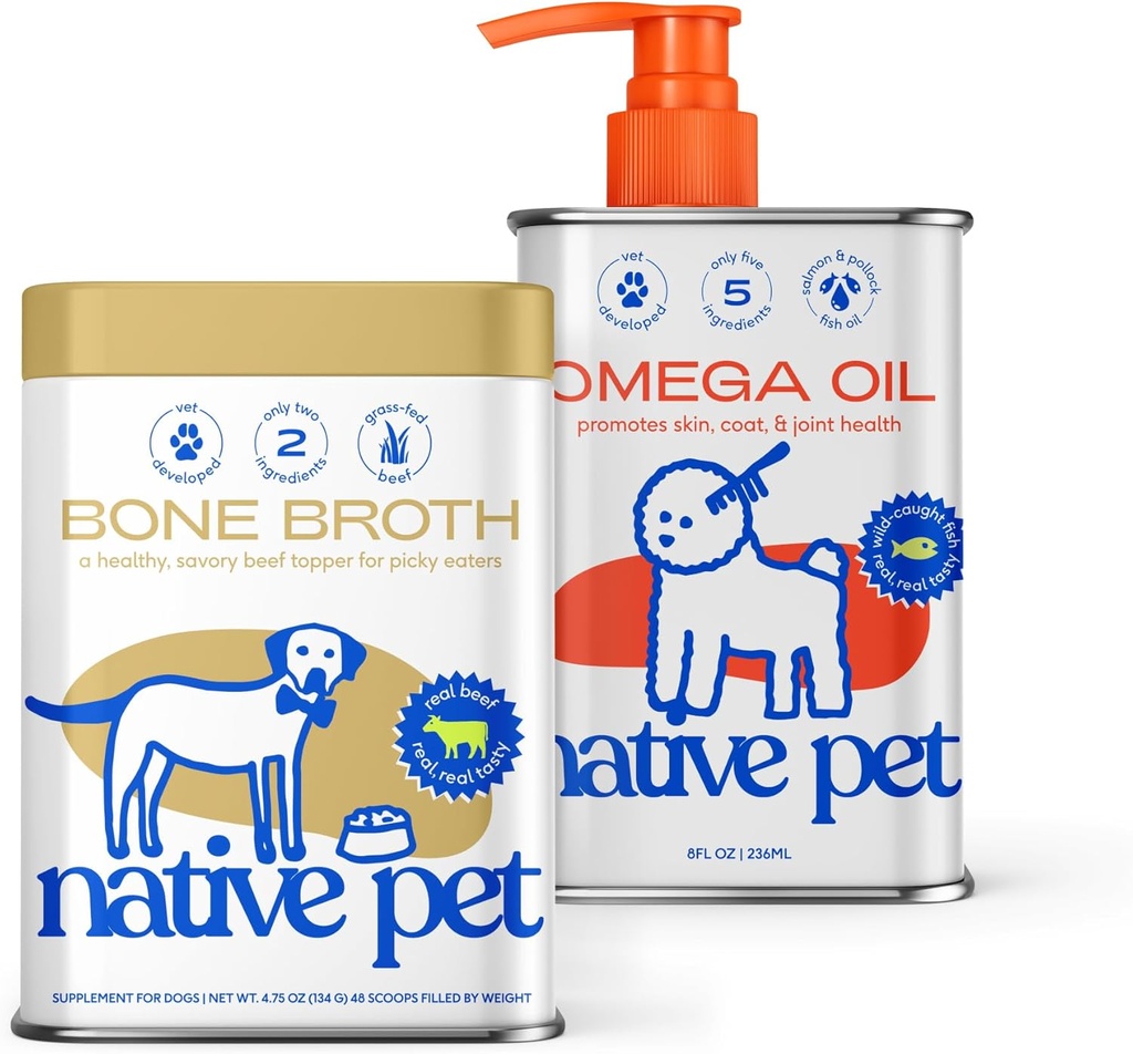 Native Pet Omega Oil for Dogs (8 oz.) & Beef Bone Broth for Dogs (4.75 oz.) - Made with Wild Alaskan Salmon Oil - EPA DHA and Bone Broth Powder Food Topper for Picky Eater