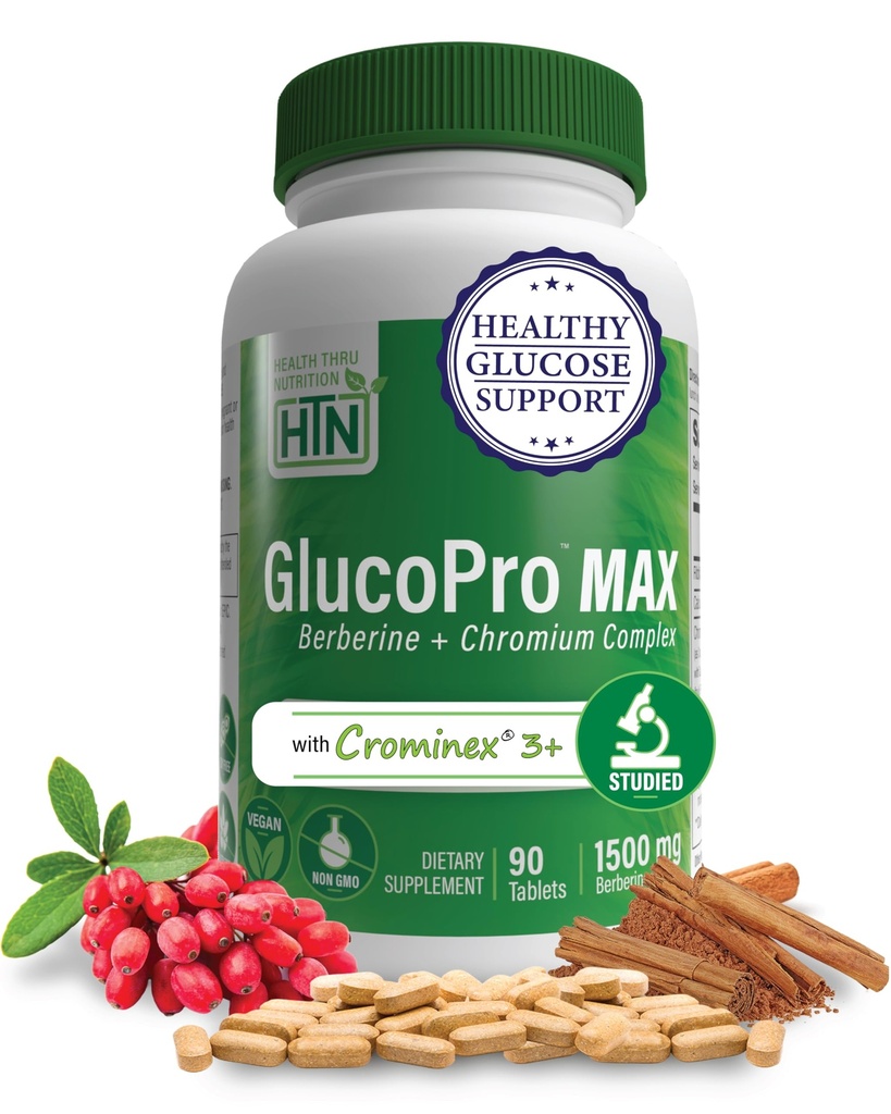 Zdravie Thru Nutrition GlucoPro Max - s 1500mg Berberine, Chrominex + Chromium, a 1000mg chromozómy, Vegan, Non-GMO, Gluten Free Pack 90