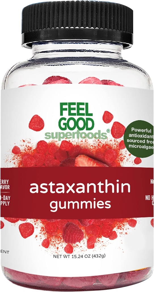 FeelGood Superfoods Astaxantine Supplements, 6mg Antioxidant Gummies for Skin and Eye Health, Berry Flavor, Vegan, Non-GMO, 60 gróf