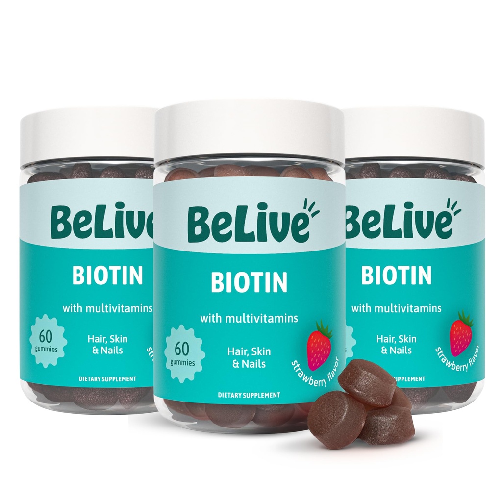 BeLive Biotin Gummies - Koža, nechty a vlasy Vitamíny s A, C, D, E, B12, Zinok, Folát a Inozitol, Biotín Supplement for Anti-Aging, Energy & Collagen Boost, Multivitamínové Gummies - Strawberry 