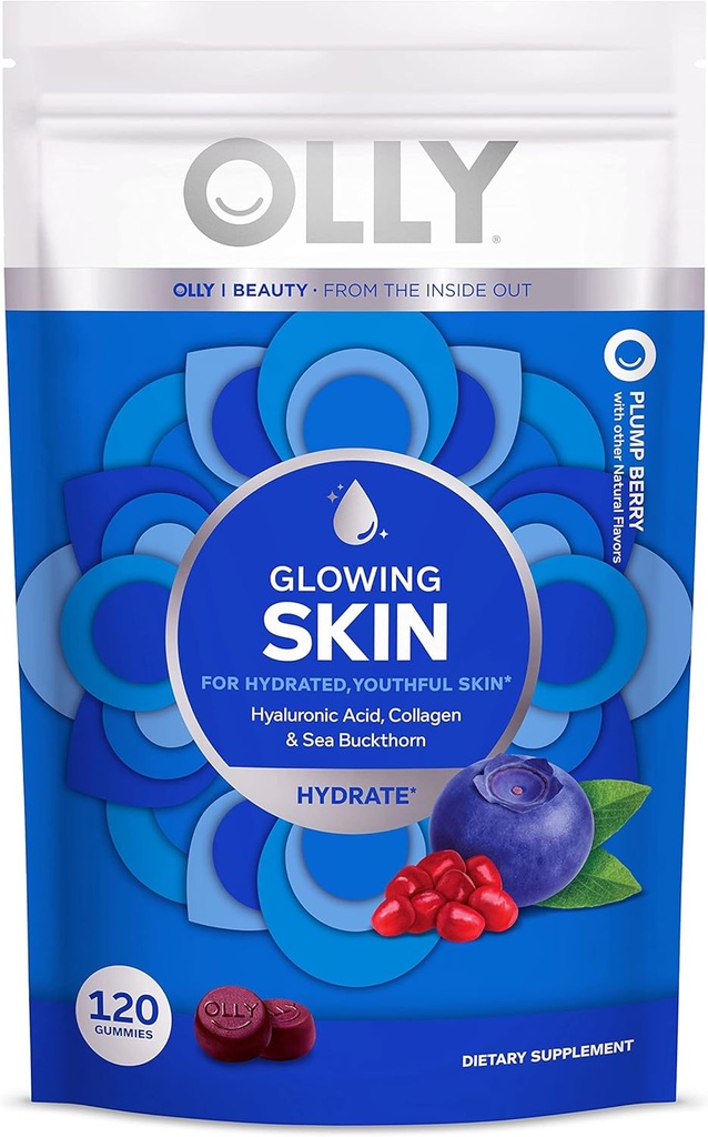 OLLY Glowing Skin Collagen Gummy, Hydratovaný, Youthful Skin, Kyselina hyalurónová, Sea Buckthorn, Chewable Supplement, Berry, 60 Day Supply - 120 gróf Pouch (Pack of 6)