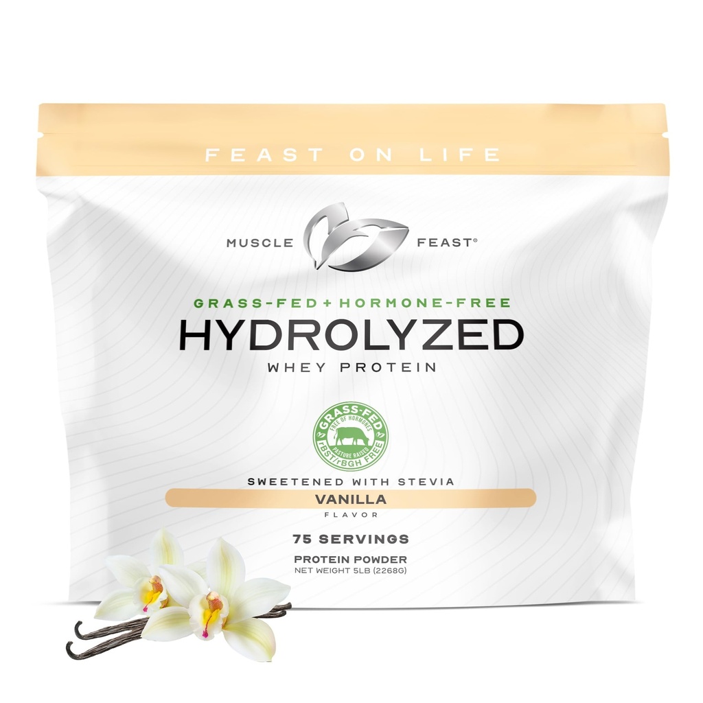 Svalový sval Hydrolyzovaný Srvátka Proteín prášok, Tráva Fed a všetky prírodné hormón-bez, Hydro Srvátkový prášok pre mužov a ženy, Gluten bez, NeGMO, Delicious Hydrolyzed Protein Powder, Vanilla, 5lb