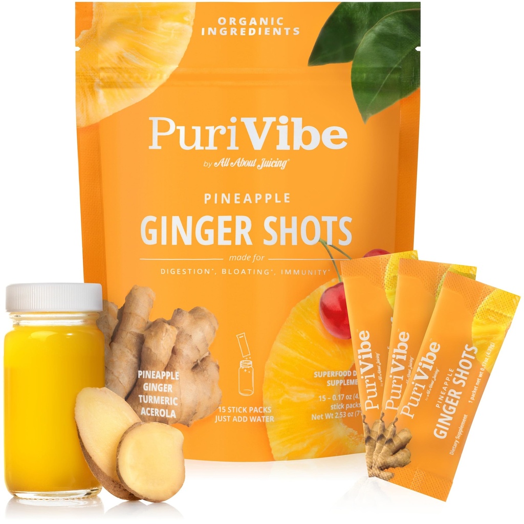Všetko o odšťavovaní zázvorových topánok s ananásom a kurkumou - Powder Superfood Juice - Imunita, Trvanlivosť a energetická podpora - 15 wellness tyčiniek - PuriVibe