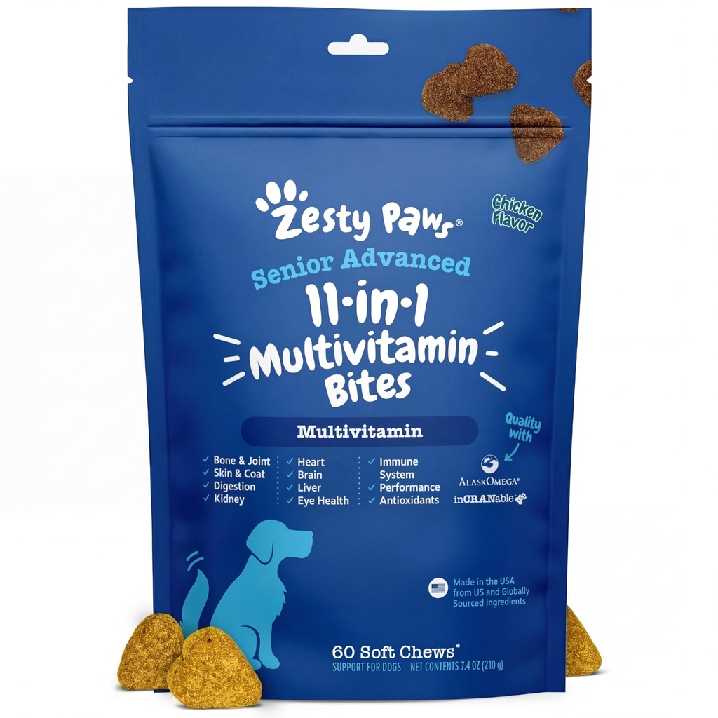 Zesty Paws Senior Dog Multivitamínové Liečba - Glukozamín pre psy + Tráviace enzýmy a probiotiká - Grain Free Dog Vitamíny a doplnky pre kožu a kožu + Immune Health Chicken - Advanced - 60ct