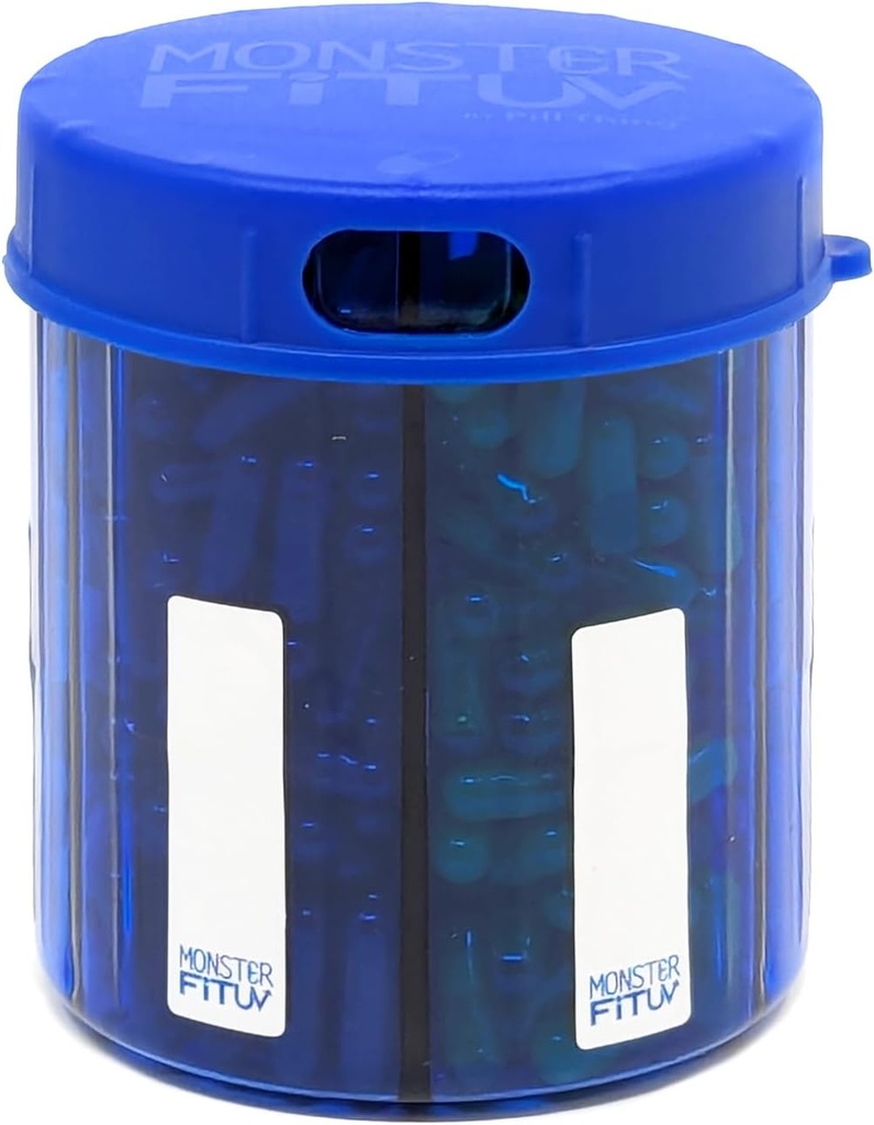 Supplement Pill Dispenser Bottle, 6 Compartment, Etikety, Easy Open, Anti-Mixing, UV Chránené, Mesačné vitamíny, Monster Fit Jr Medication Holder (Cobalt Blue, Small)