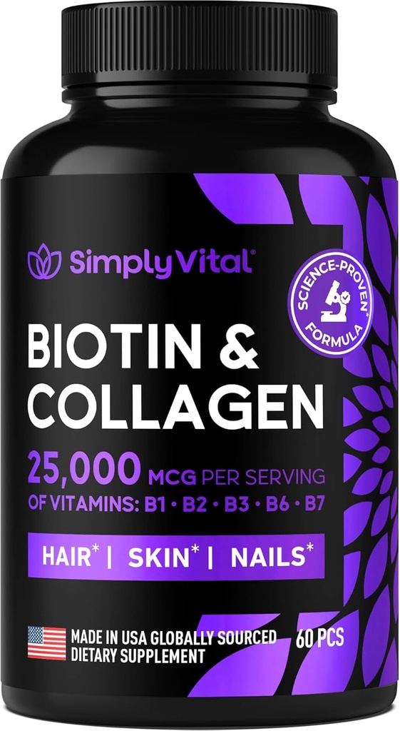Biotín a kolagén Doplnky s keratín 25000 mcg - Vlasy kože a nechtov Vitamíny s kolagén keratín B komplex - Made in USA - Biotín pre rast vlasov Ženy a muži Podpora kože a nechtov, 60 Kapsule