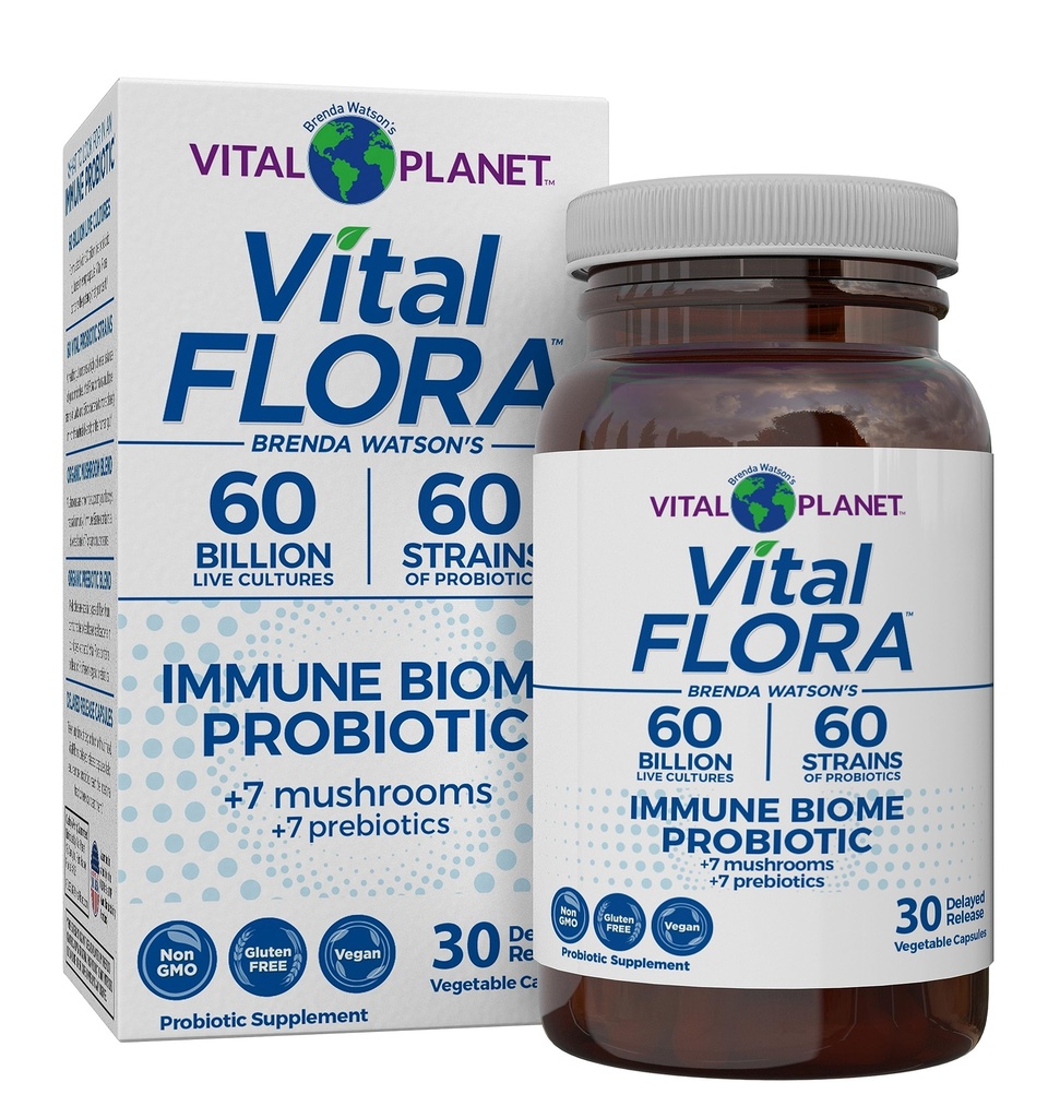 Vital Planet - Vital Flora Immune Support Probiotic, 60 miliárd CFU, Diverse Kmene, Organické Huby Supplement Zmes s prebiotikami, Tráviace zdravotné probiotiká pre ženy a mužov 30 Kapsule